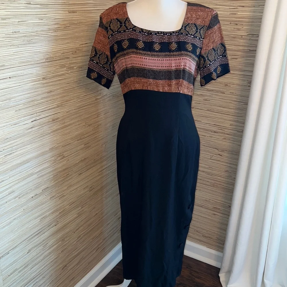 R.J. Stevens size 8 tan & black midi dress EUC!